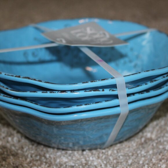 Soho Loft Blue Rustic Farmhouse Set of 4 Melamine 7.5" Cereal Bowls Brown NWT - Picture 5 of 5